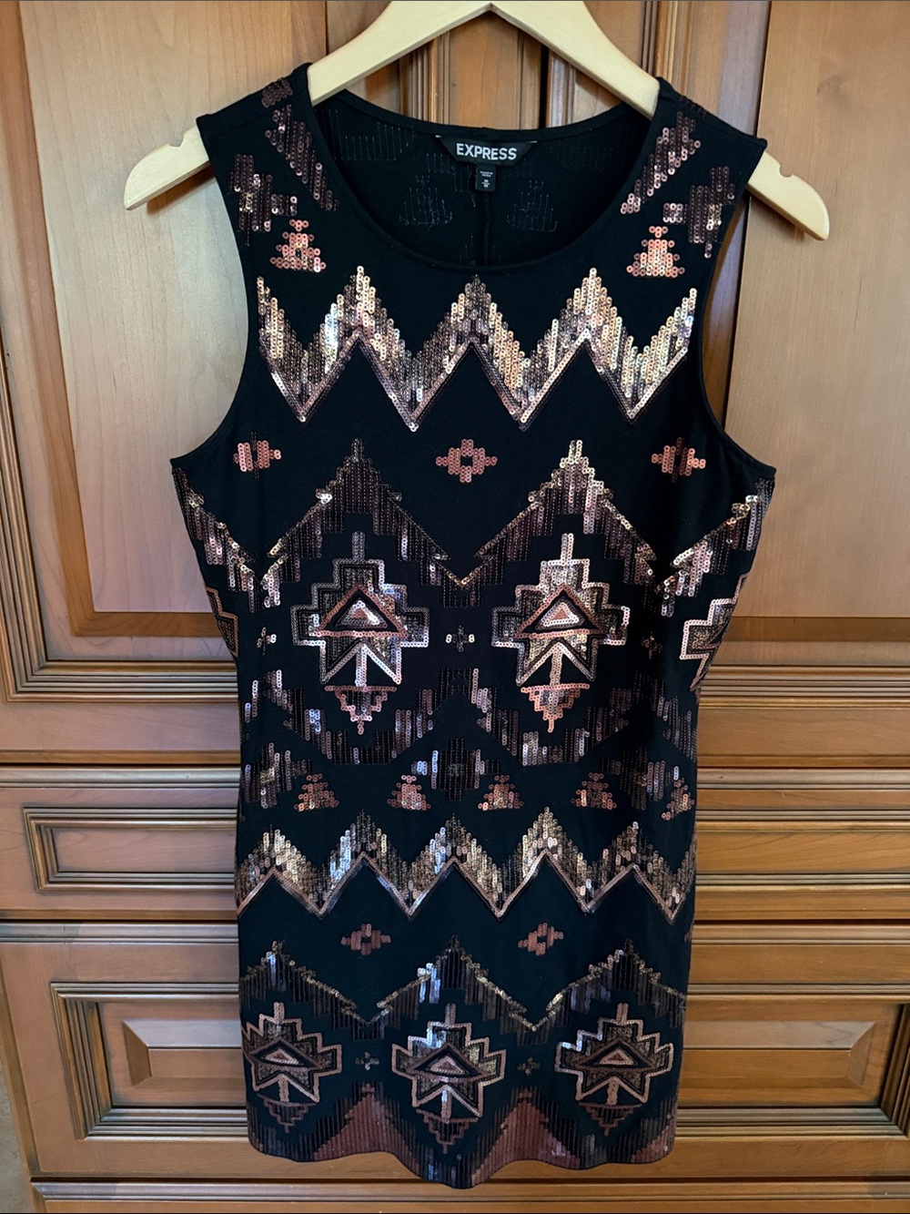 Express Black Mini Dress with Rose Gold Sequin Aztec Motif